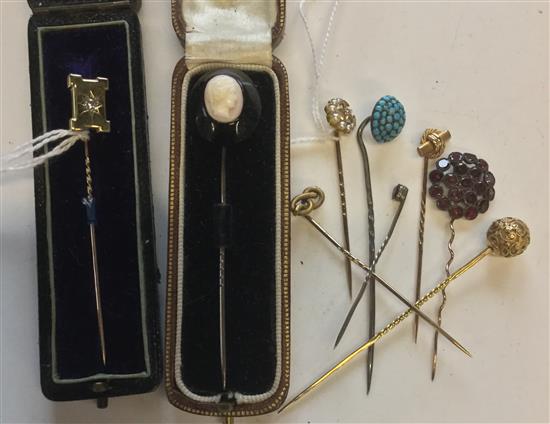 Nine various stickpins, inc one 18ct gold & seed pearl star & crescent, one diamond gypy-set, two 15ct gold etc.